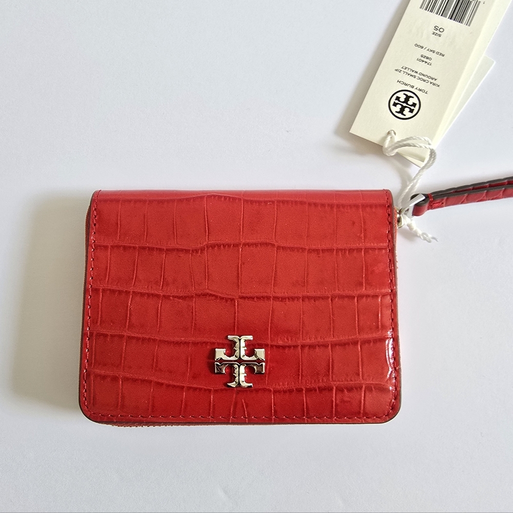 Tory Burch Small Kira Croc-Embossed Leather Zip-around Wallet Red Sky - Picture 3 of 8
